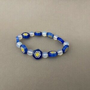 Blue White Opal Beads Stretch Fashion Bracelet Floral